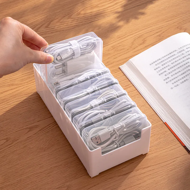 Data Cable Storage Box 7 Clear Detachable Compartments, Charger Cord Organizer, Cable Management for Office Home Travel USB Wire