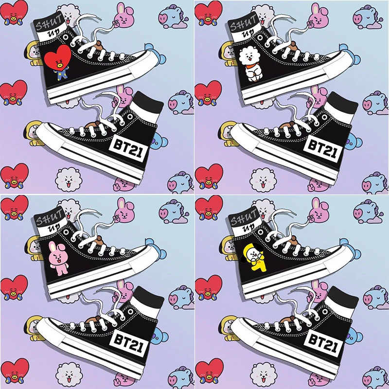 Kawaii Cartoon Bt21 Printed Sneakers Girls Cute Casual Comfortable Flat Shoes Boy Basketball Shoes Canvas Shoes Birthday Gift