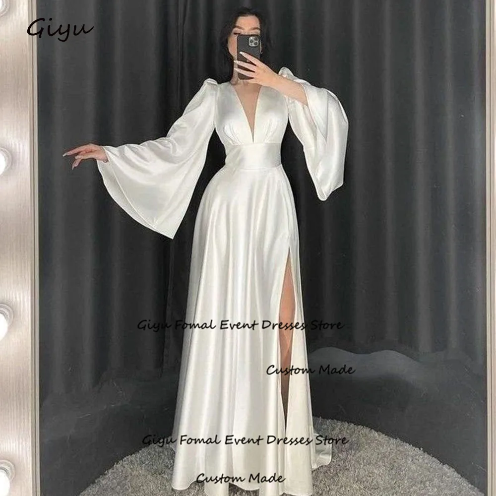 

Giyu Elegant Silk Wedding Dress For Woman Side High Slit Deep V-Neck Floor-length Vestidos Novias Boda Evening Dress