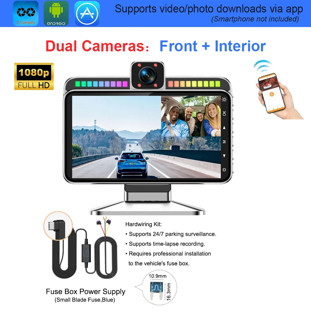 3CH 360 Full HD Console Dashcam RGB Running Light 24H Parking App Motion GSensor LoopRec TimeLapse NightVision StealthRecord