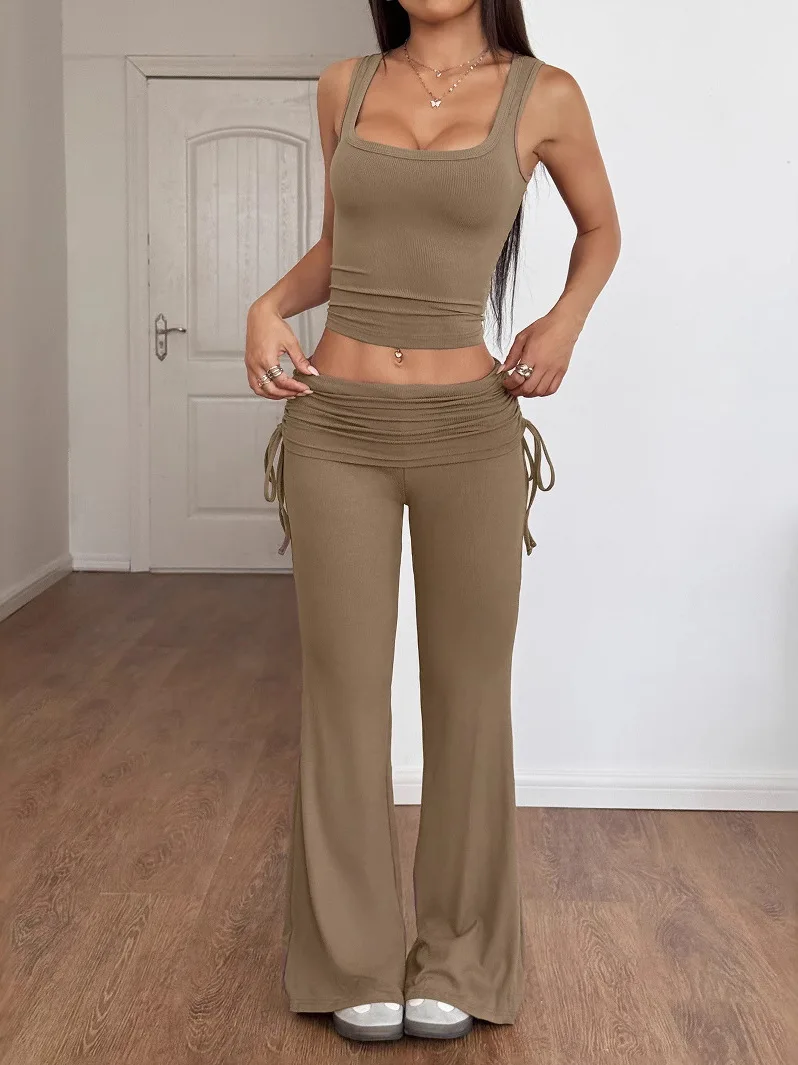 

Casual Sexy Lace up Micro Flared Pants Set Long Pants Polyester Fiber No Sve Two Piece Set for Women Ages 25-35