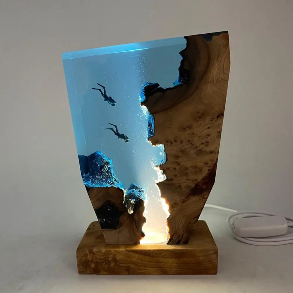 Lámpara de mesa de resina para decoración del hogar, tema de exploración de cueva de buceo, arte de luz nocturna, cuerpo del mundo del mar, carga