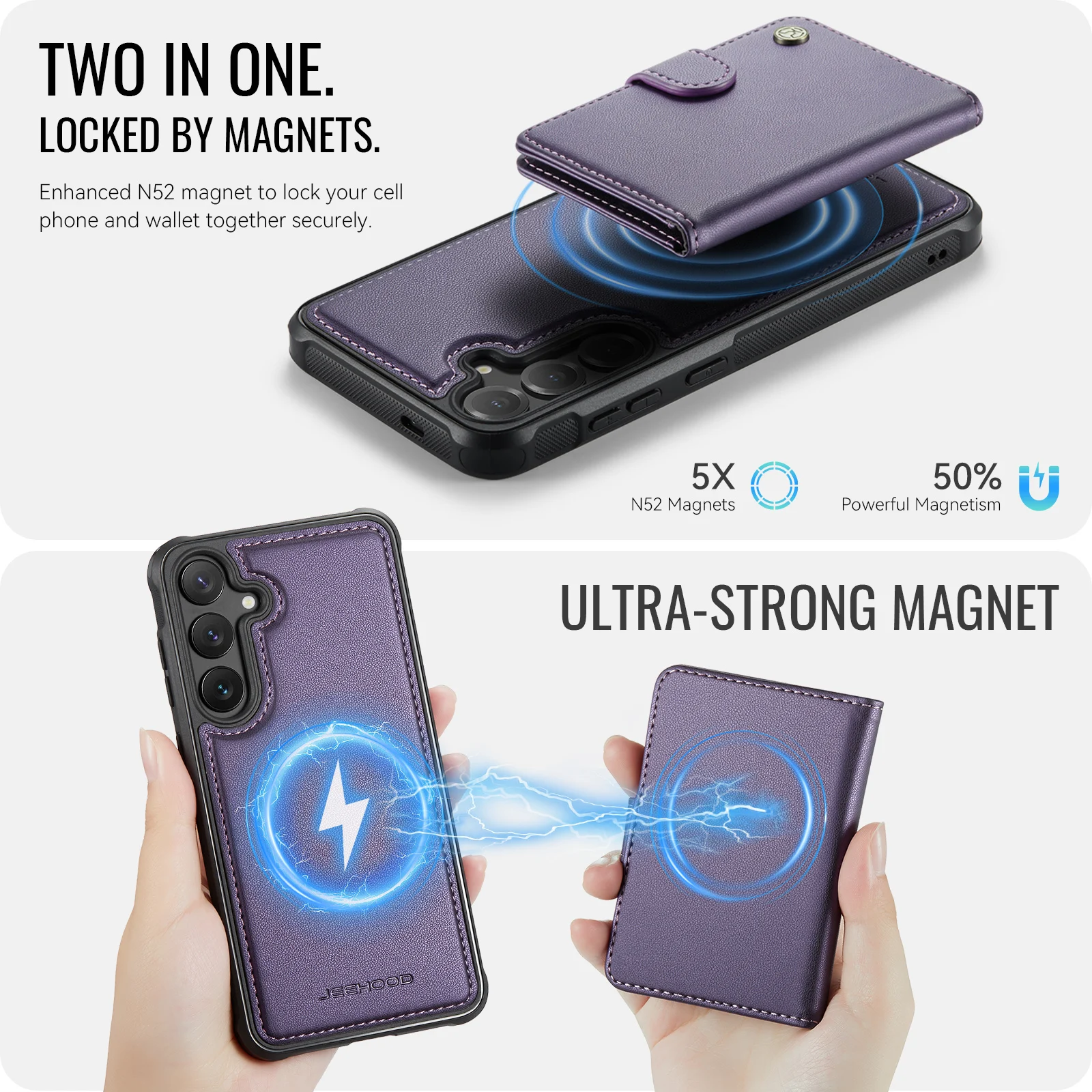 JEEHOOD-J09 Wallet Phone Case for iPhone 16e 17 Pro Max 15 14 13 Pro , 2-in-1 Removable Magnetic Leather Card Holder Back Cover