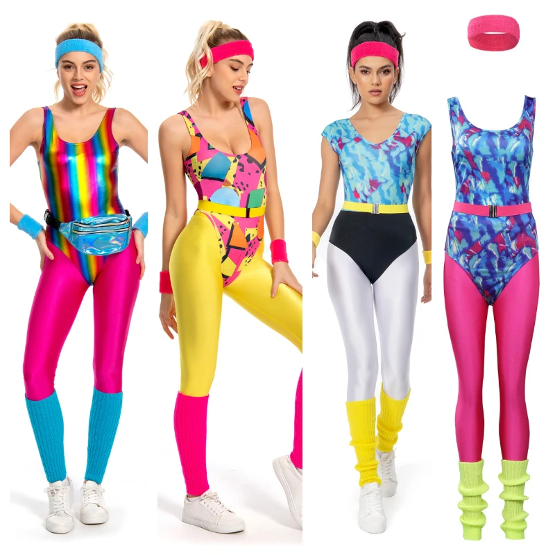 6Pcs/set Adult Retro 80s Hippie Disco Cosplay Costume Women Jumpsuit Headband Sportwear Outfits Halloween Carnival Party Suit