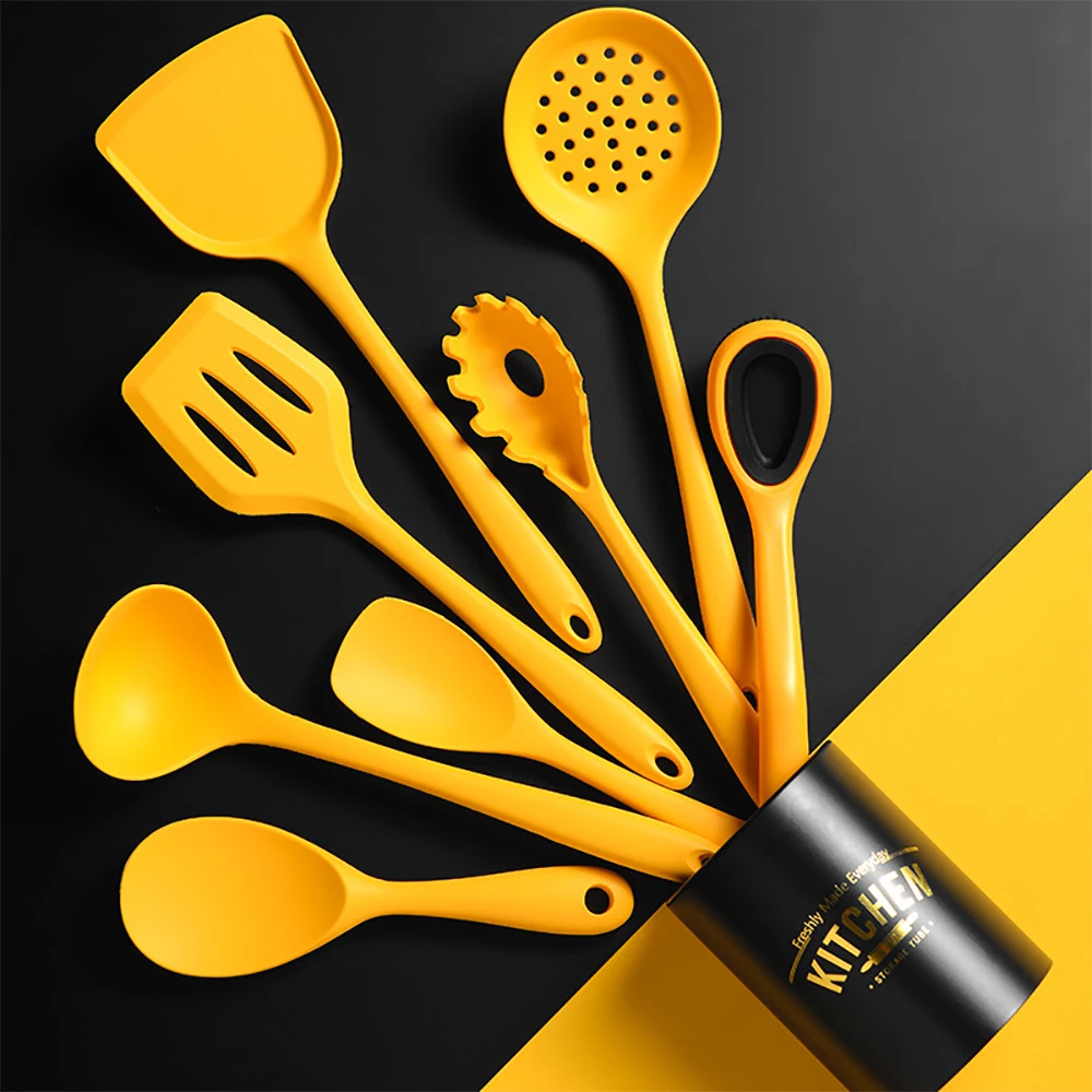 9PCS Non-Stick Silicone Cooking Utensils Set Spatula Soup Spoon Brush Ladle Pasta Colander Kitchen Cookware Kit With Storage Box