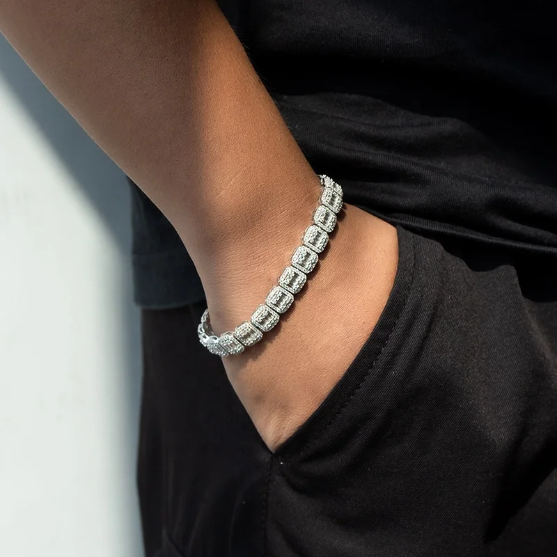 

Kibo Jewelry Hip Hop Jewelry Iced Out 9mm Width Sterling Silver Men Baguette Moissanite Cluster Tennis Bracelet
