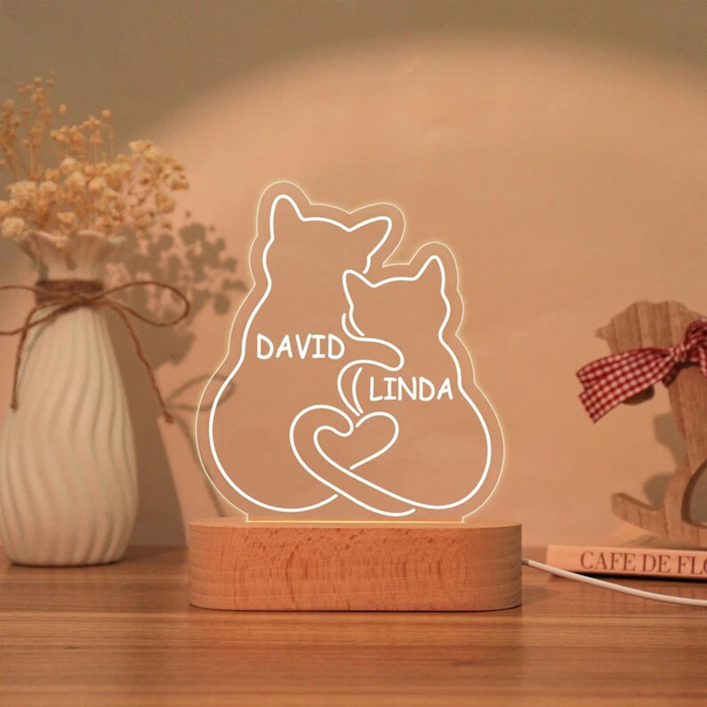 Personalized Cat Night Light Custom Two Names Reusable Acrylic LED Lamp Wedding Anniversary Valentine Gift for Couples Cat Lover