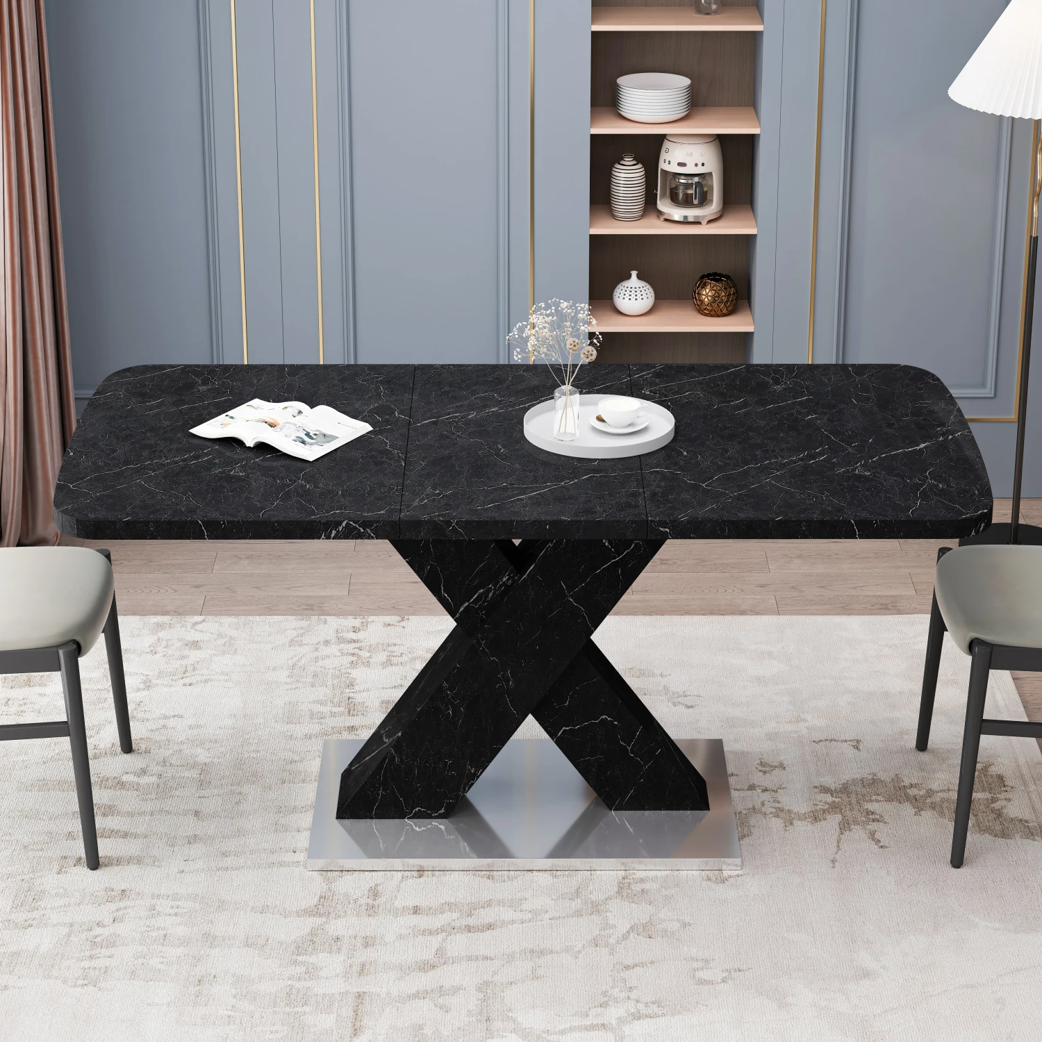 

Modern Square Dining Table with Stretchable Printed Black Marble Table Top and MDF X-Shape Table Leg