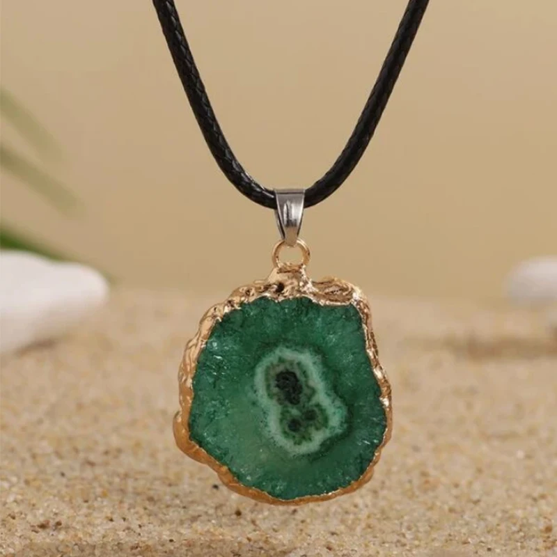 Natural Druzy Agates Quartzs Pendant Necklace Irregular Crystal Healing Geode Slice Gem Rope Necklaces For Women Men Jewelry