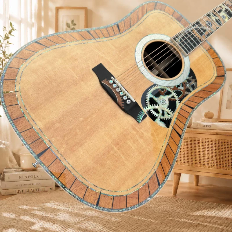 D-200 Steam Punk Gear Acoustic Guitar Solid Wood Bear Claw Pattern Spruce Panel Carving Knob Era Setting Free Delivery