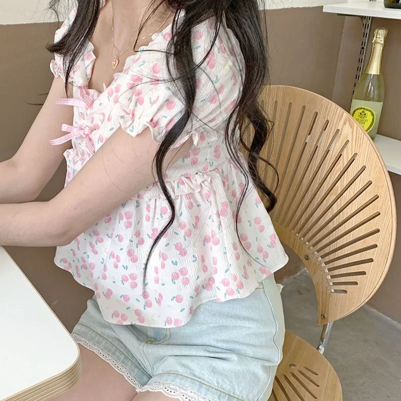 Floral Blouses for Women Sweet Puff Short-sleeve Crop Tops All-match Cute Girlish Summer Daily Casual Ulzzang Style Fashionable