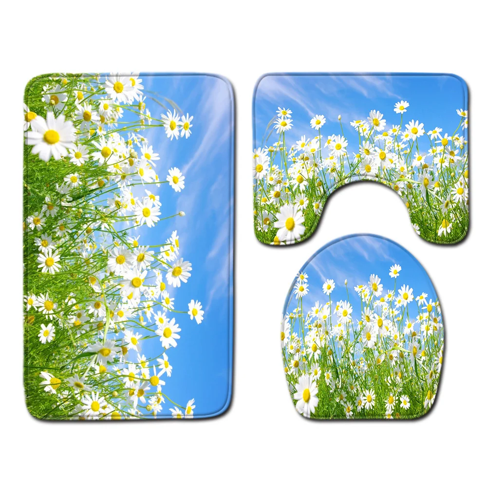 

Outdoor Blue sky White Cloud Wildfower Bathroom Mat Set Absorb water Bathrom Door mat Carpet Toilet Seat Cover Home Decoration