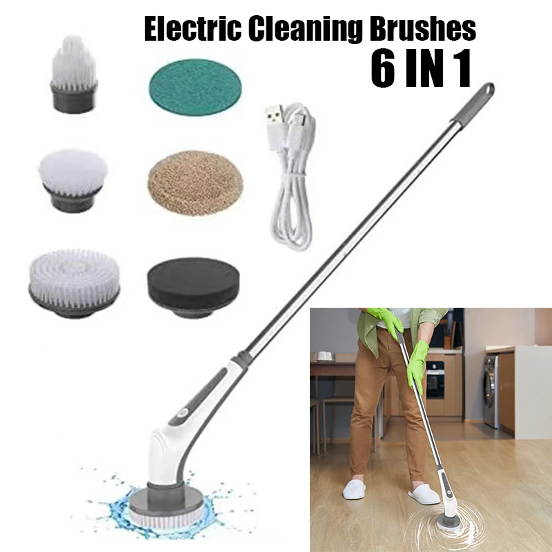 6 in 1 Wireless Electric Cleaning Tool Scrub Brush Window Wall Cleaner Adjustable Cleaning Brush Bathroom Kitchen Cleaning Brush