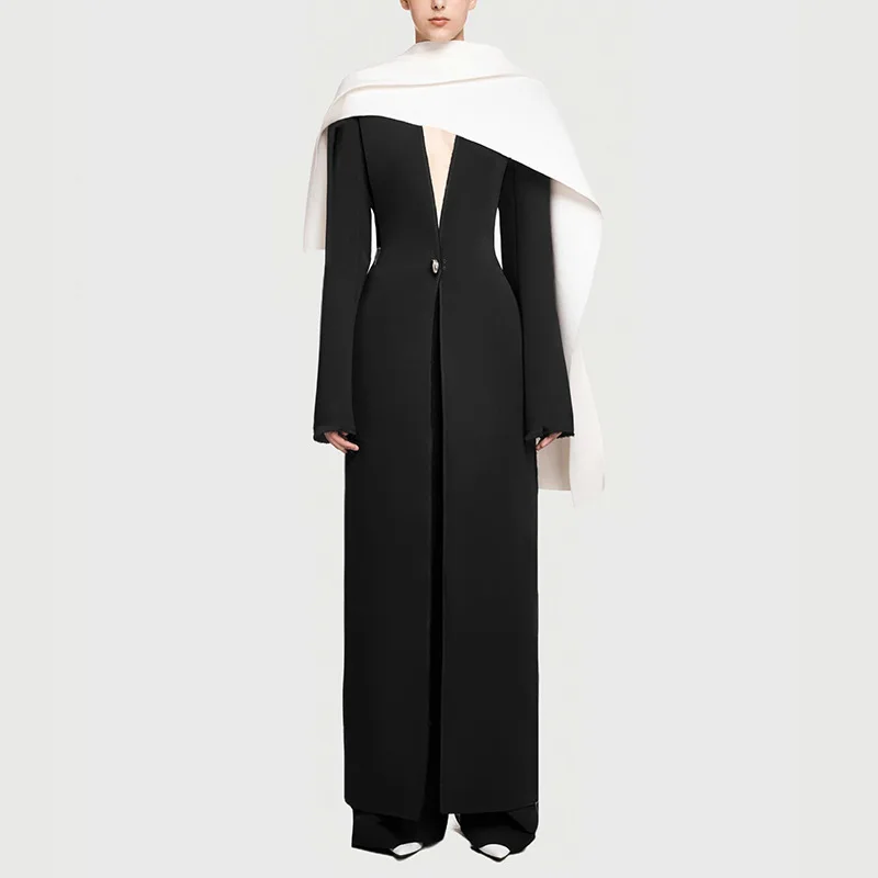 ZAMOR British Style High-End V-Neck Single Button Coat 2026 New Niche Contrast Cape Design Long Women Trench Coat