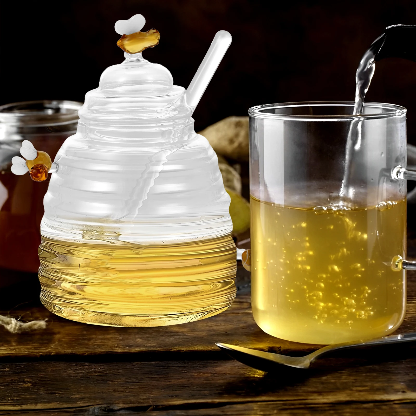 Honey Jar with Dipper Stick and Lid Clear Glass Honey Dispenser Large Capacity Honey Bottle Cute Decorative Honey Container