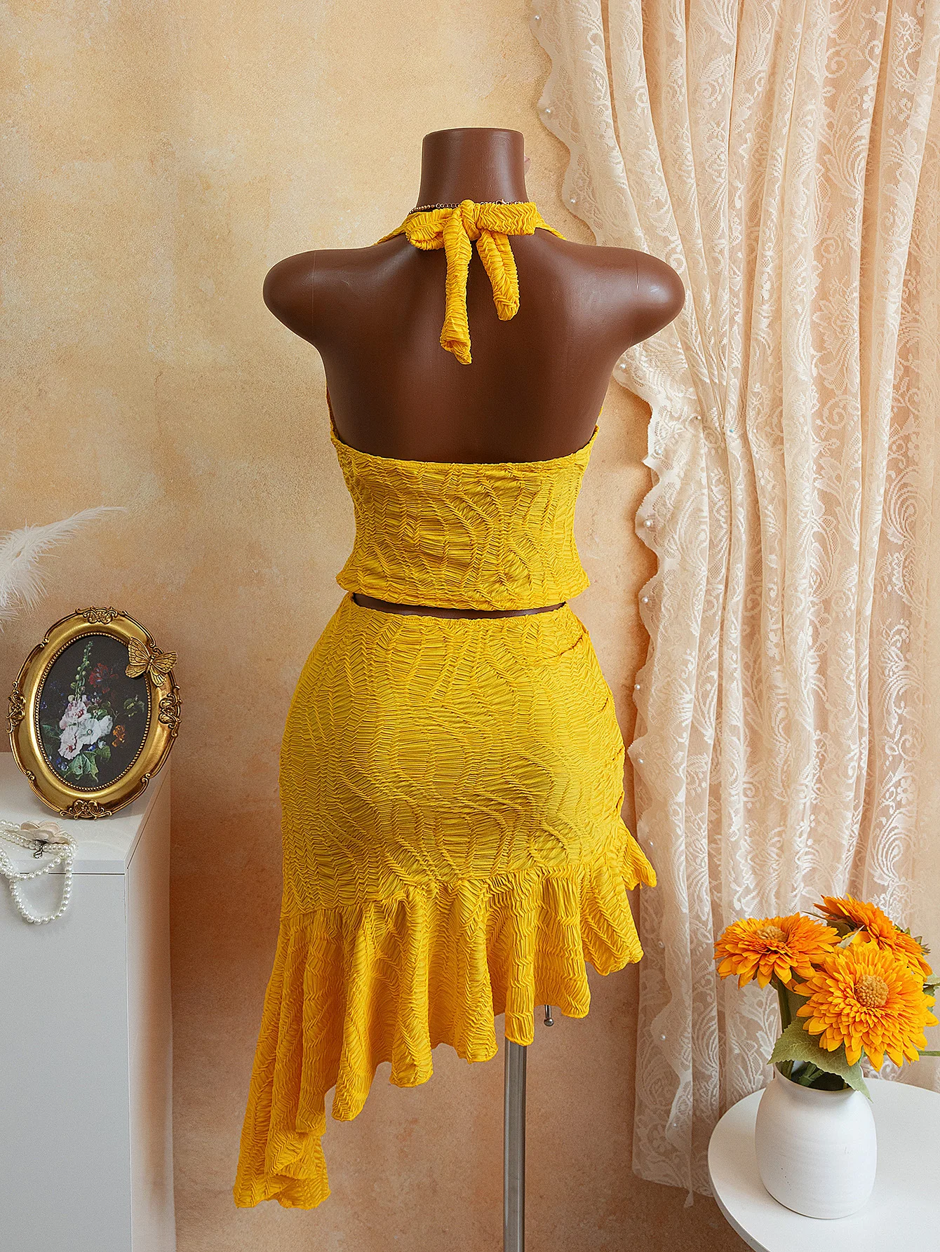 sexy knit gold vest halter tie swimsuits two pieces with irregular ruffles skirt bathing suit swimwear biquini tankini trikini
