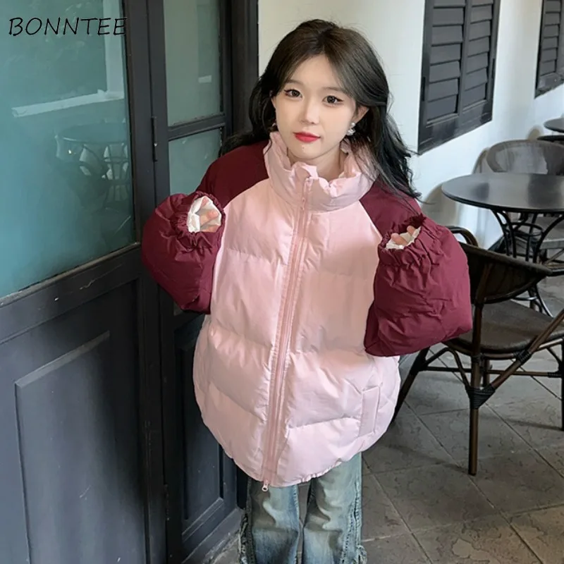 

Stand Collar Parkas Women Thicker Couples Fashion Long Sleeve Baggy Coats Contrast Color Pockets Coldproof Ins Winter All-match