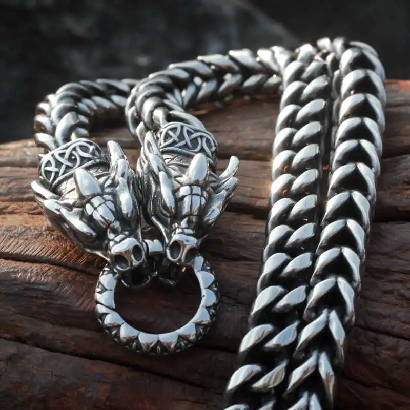 70cm Outdoor Portable EDC Stainless Steel Retro Double Dragon Head Necklace Car Multifunctional Self-defense Whip Tool