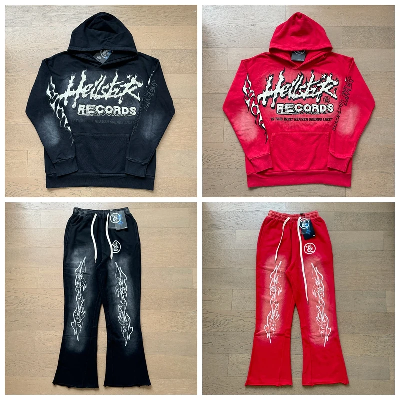 

Толстовка с капюшоном и принтом Hell Star Flame, комплект прямых брюк, осенняя молодежная повседневная спортивная одежда, длинный све