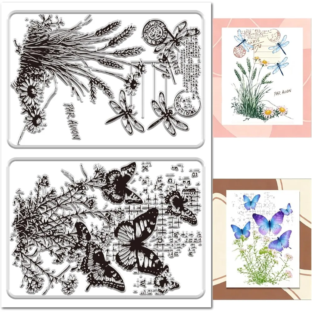 Grass Weed Background Clear Stamp Butterfly Sunflower Plant Dragonfly Transparent Rubber Stamps Reusable for Journaling