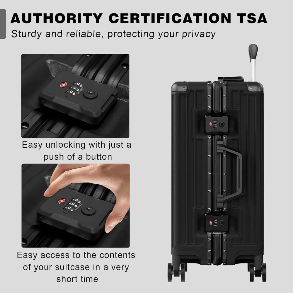 Aluminum Frame Carry-On and Checked Luggage Set - PC ABS Hard Shell TSA Lock No Zipper, Black, 20/28 Inch Travel Suitcases