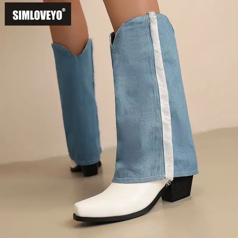 

SIMLOVEYO Брендовые ковбойские сапоги в стиле вестерн с квадратным носком 6 см на массивном каблуке без шнуровки смешанного цвета, большой размер 44 45, женские осенние сапоги до середины икры