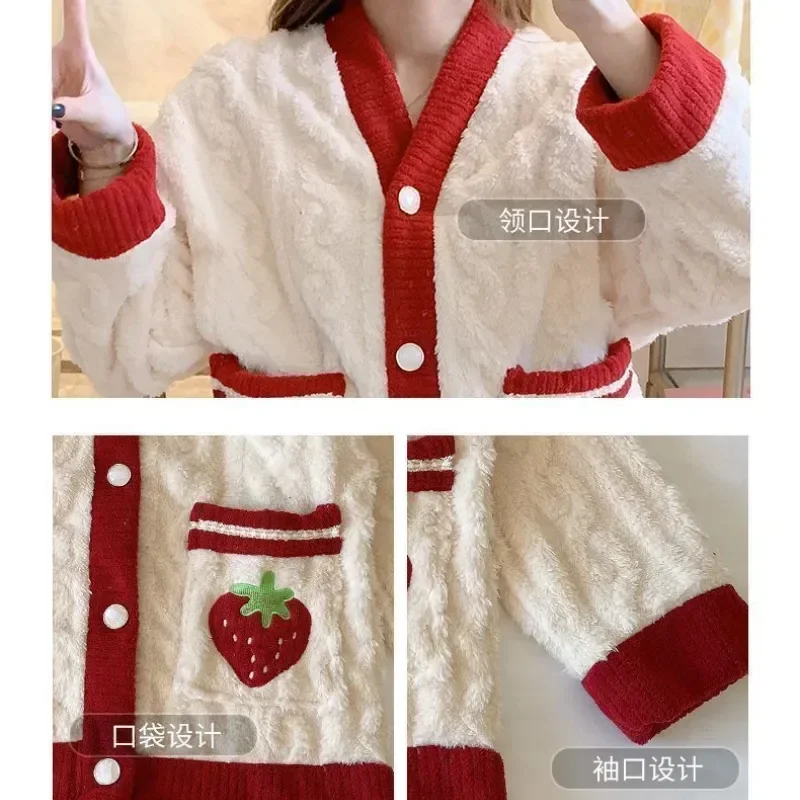 Winter Sweet Strawberry Autumn Kawaii Sets Flannel Pyjamas Sleepwear Long Warm Velvet Sleeve Coral Women Soft Women's Thick