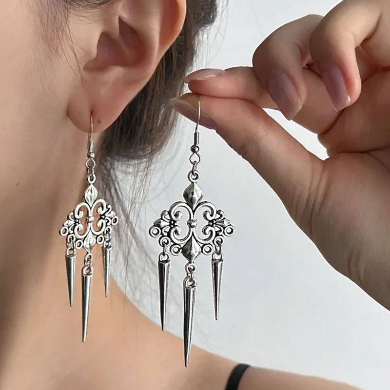 

Vintage Cross Rivet Drop Tassel Dangle Earrings For Women Silver Color Goth Punk Fashion Jewelry Accessories