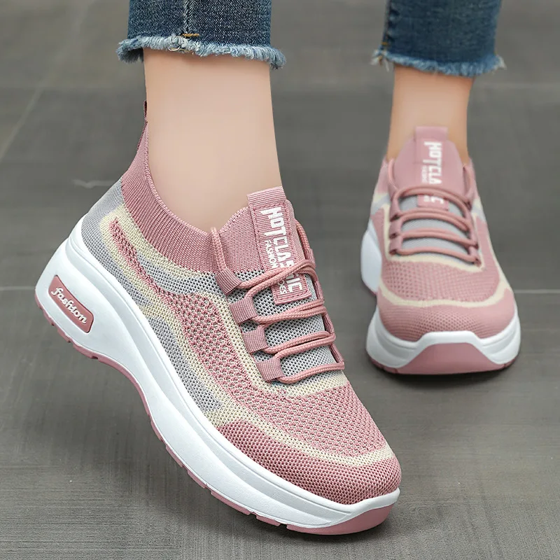 Women Fashion Mesh Platform Sneakers Breathable Lace Up Wedges Sneakers 2024 Autumn Soft Casual Travel Sports Running Shoes