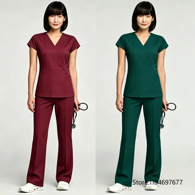 Scrubs Set Nurse Medical Uniforms Doctor Surgery Overalls Beauty Salon Workwear Short Sleeve V-neck Tops+Pants Sets Women Unisex