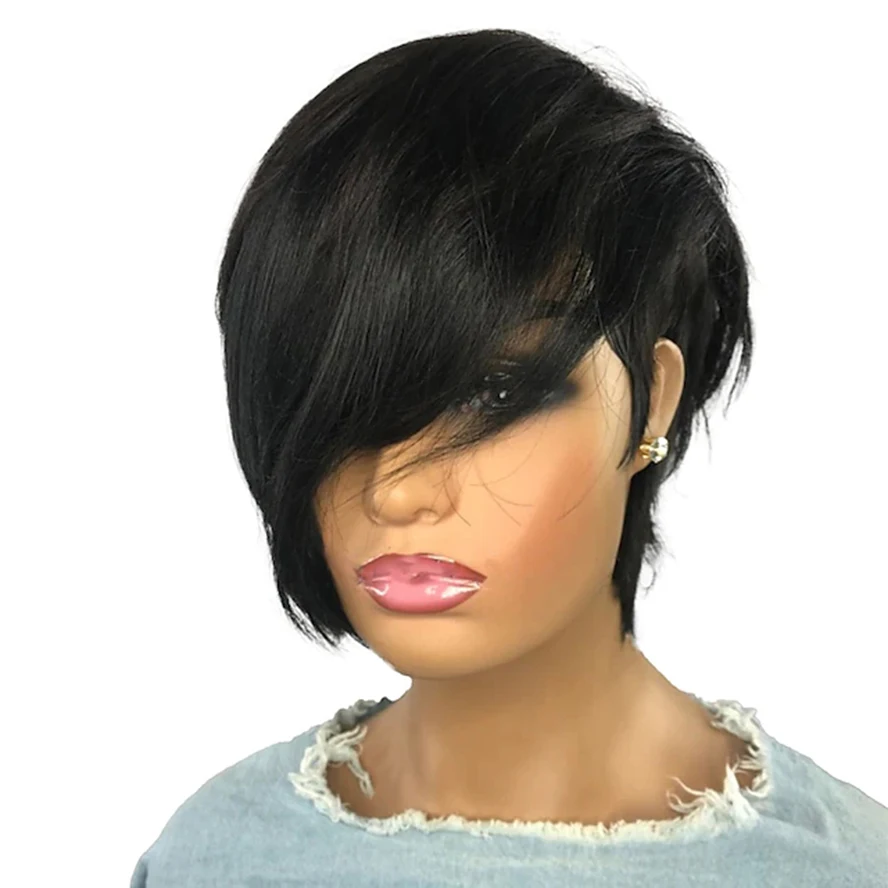 Black Color Glueless Short Human Full Wigs With Bangs Non Lace Brazilian Hair Pixie Cut Wig For Black Women