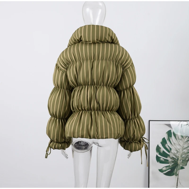 2026 Winter Autumn Stripe Cotton Padded Jacket For Women Warm Long Sleeve Zipper Hooded Coats Lady Street Chic Outdoor Outerwear