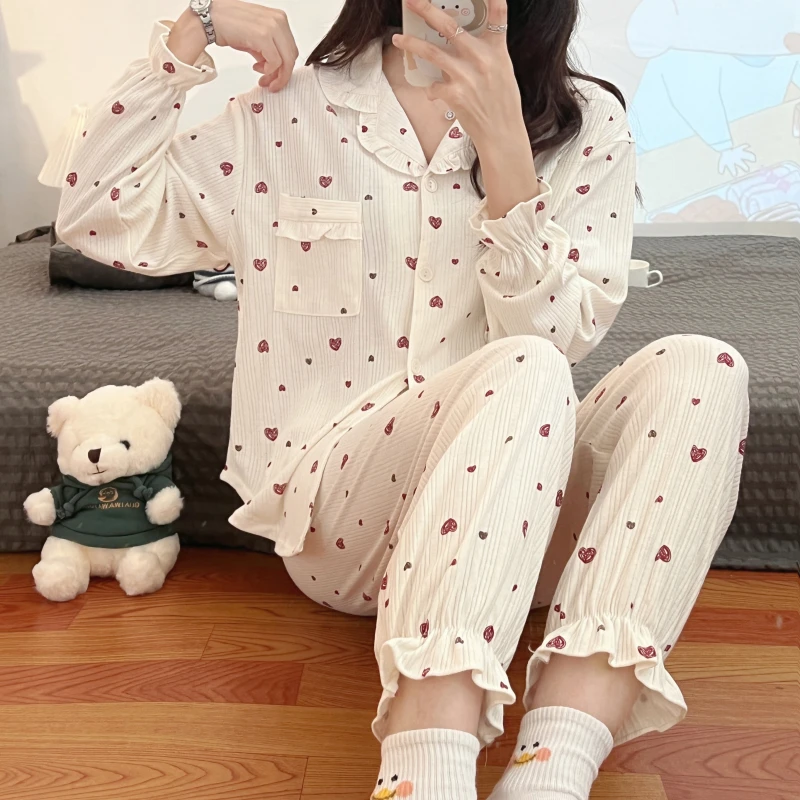Pajamas Women's Spring New Knitted Cotton Cardigan Small lapel long sleeve 2-piece Korean casual sweet cute home clothes