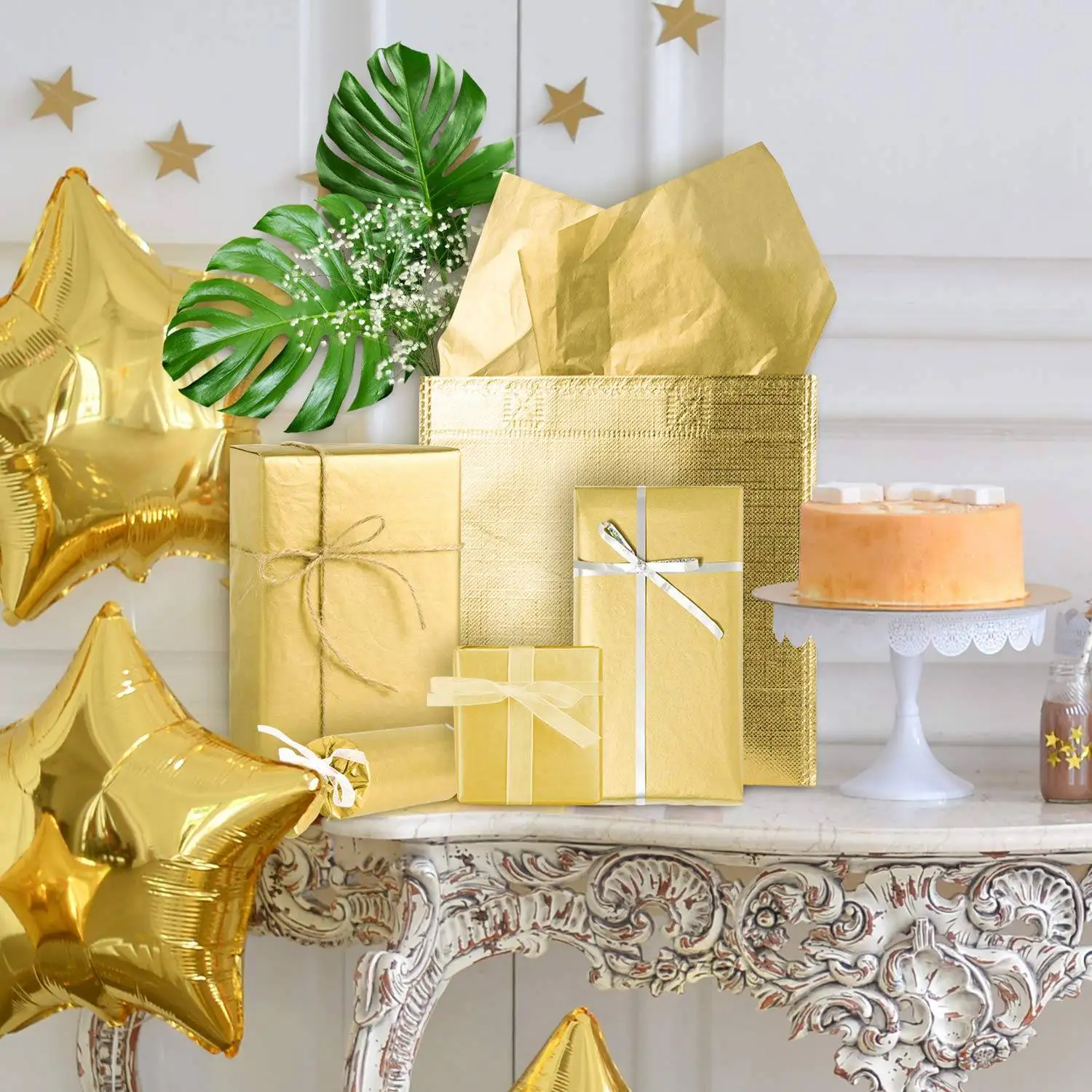 AED6-Gold Tissue Paper, 100 Sheets Metallic Gift Wrapping Paper For Birthday Party,Anniversary Valentine's Day Decoration
