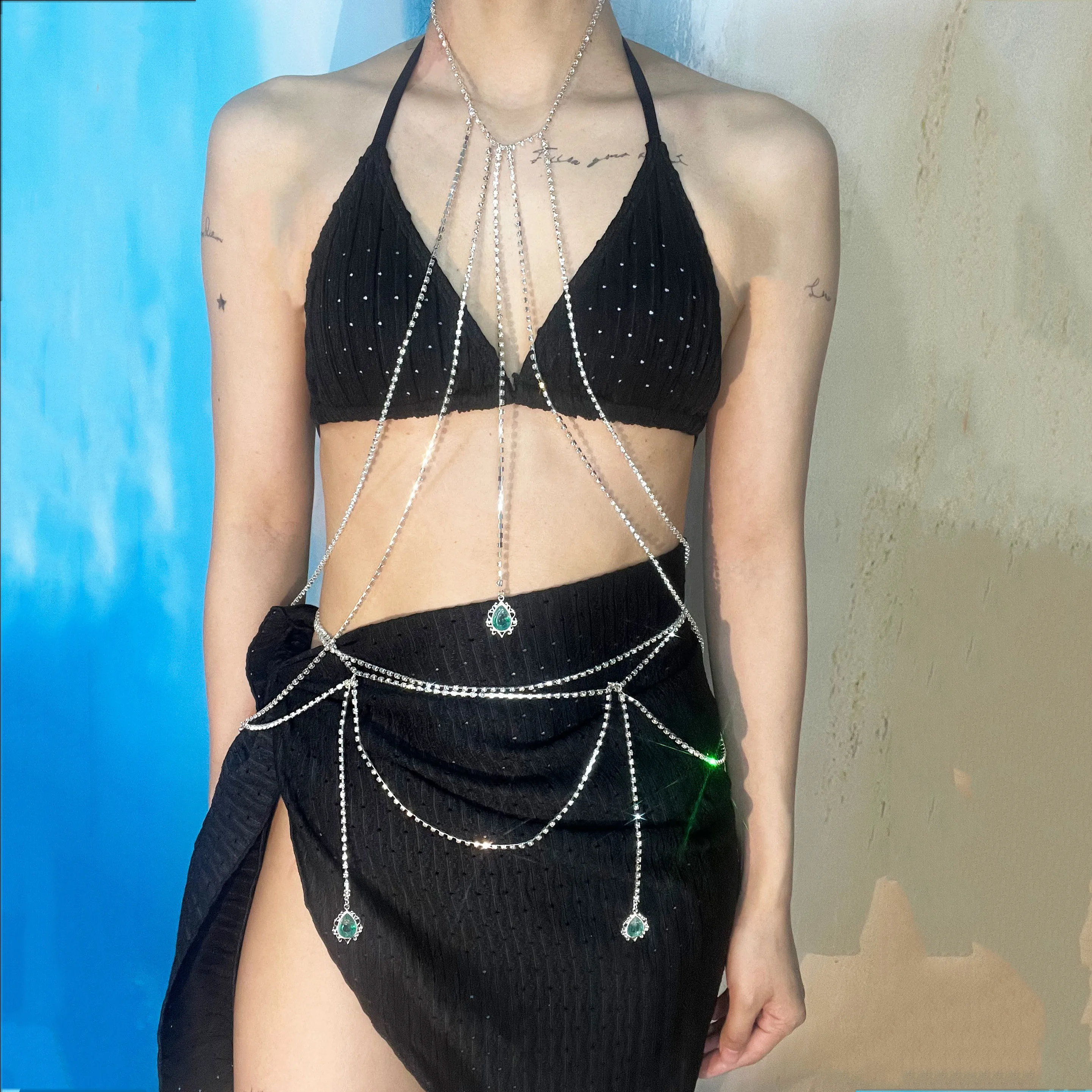 Sexy Rhinestone Bra Waist Chain Set Sparkle Trend Ladies Belly Body Jewelry Music Festival Beach Bikini Party Dress Accessories