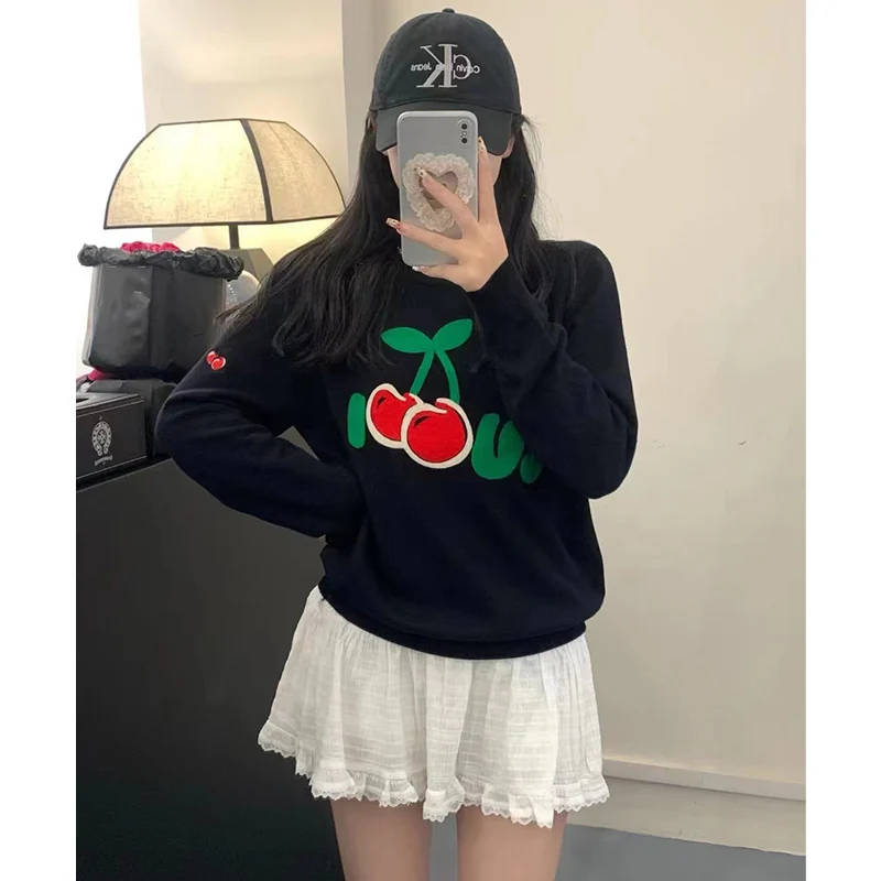 Letter Embroidered Knit Pullover Sweater Cherry Pattern Women Tops Autumn Winter Knitwear Luxury Designer Brand Fashion Clothing