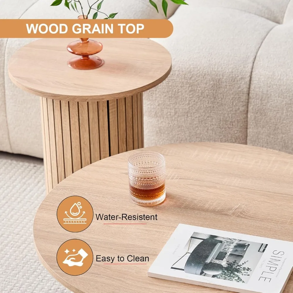 Round Nesting Coffee Tables Set of 2 -φ27.6 Large Short + φ15.8 Small Tall Boho Circle Side Tables with Fluted Drum Design, Natu