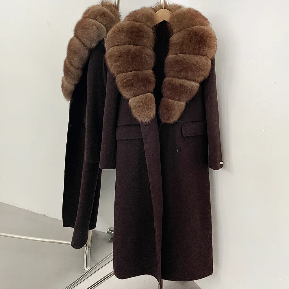 OFTBUY Neue Winterkleidung Damen Langer Doppelreihiger Wollmantel mit Echtem Pelzkragen Modische Lässige Natürliche Fuchspelz-Wolljacke – Detail 10