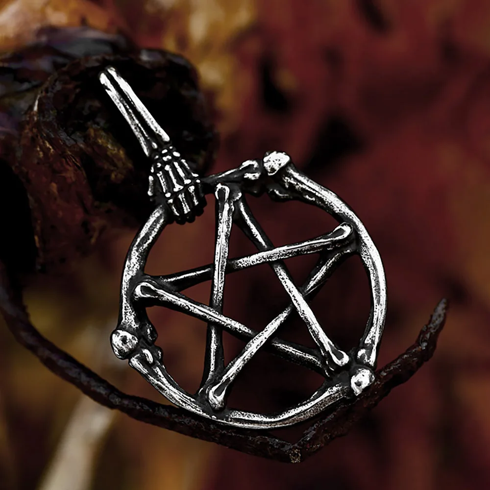 New Design Men's Lucifer Satanic Necklace 316L Stainless Steel Skull Bones Pentagram Pendant Biker Cool Gothic Pagan Jewelry