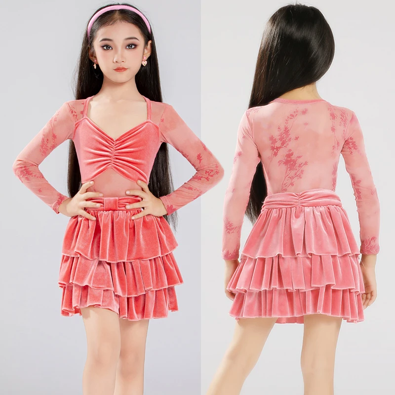 

Новое бархатное платье с длинными рукавами для латинских танцев для девочек, костюм с разрезом, детская одежда для соревнований по танцам ча-ча-румба, тренировочная одежда