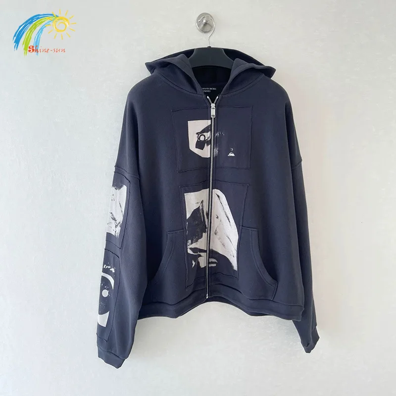 Vintage Washed Black ERD Graphics Patch Zipper Hoodie Men Women Loose Enfants Riches Deprimes Coats Inside Tags Top Quality