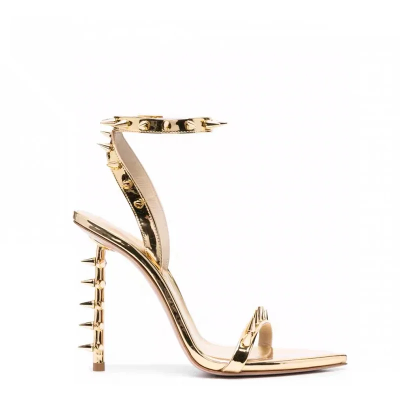 Spike/Metal Buckle Rivet Sexy Sandals 2024 New Pointed Irregular High Heel Slim Black Gold Fashion Banquet Large Sandals 34-43