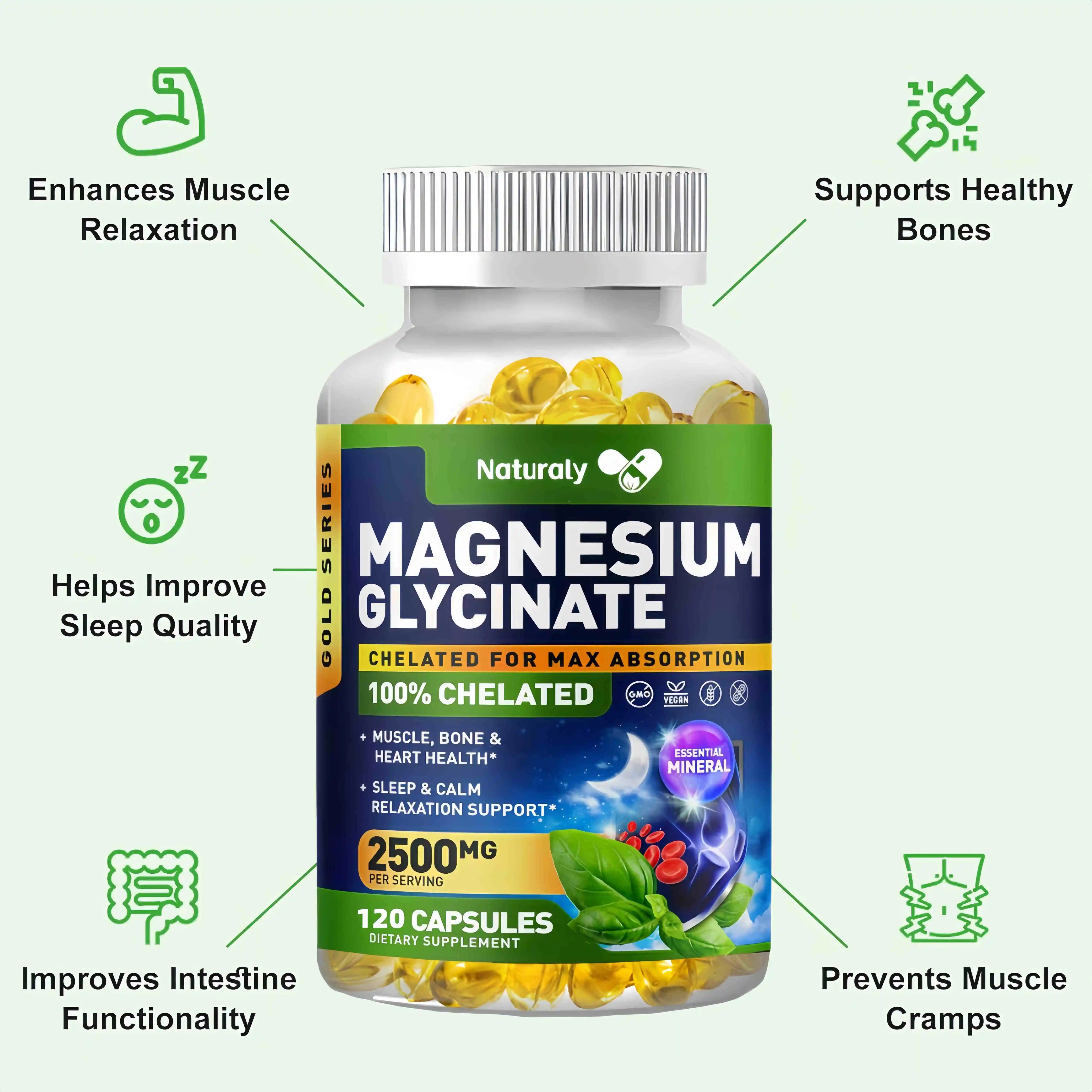 Magnesium Glycinate Capsules Dietary Supplement Support Bone Immune System,Heart Health Mineral Supplement Help Natural Sleep