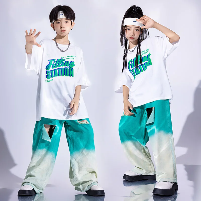 

Костюм детский для уличного танца, джаз, одежда в стиле хип-хоп для выступлений, модный костюм для девочек, футболка оверсайз с градиентными брюками, VDL996, на лето