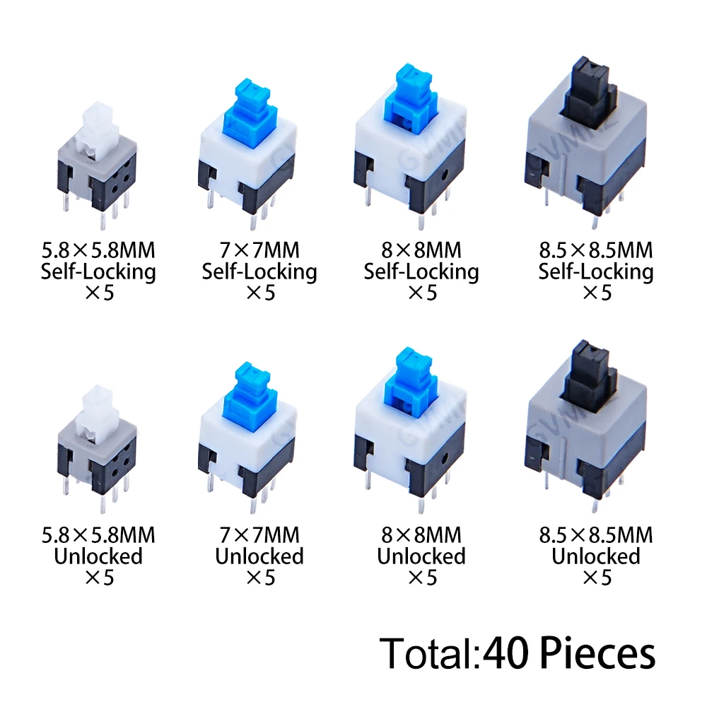 40PCS 8Values Push Tactile Micro Switch Kit 6Pin Self-Locking/Unlocked for Electronics DIY Projects 6Pin
