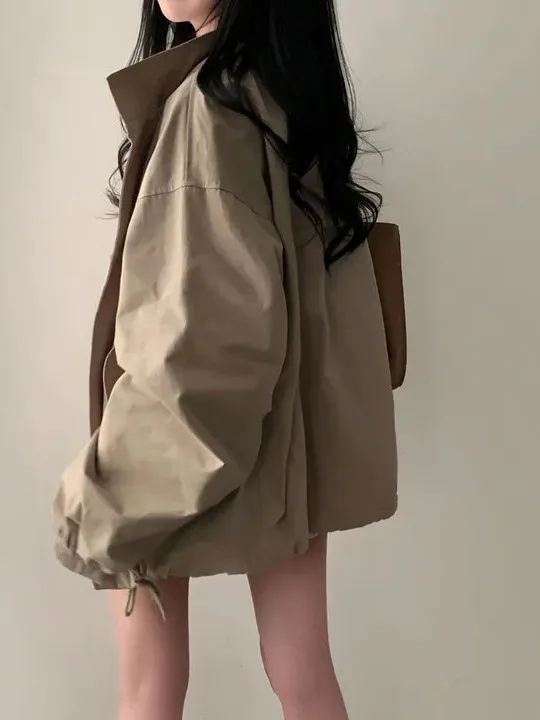 Retro Stand Collar Short Coat Jacket Women's Loose Korean Style Autumn Outerwear Slimming Design Casual Fashion Top