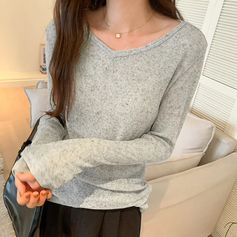 Micro Transparent V-neck Jumpers Long Sleeve Slim Fit Temperament Elegant Pullover Top 2024 New Aesthetic Y2k Sweet Tshirts