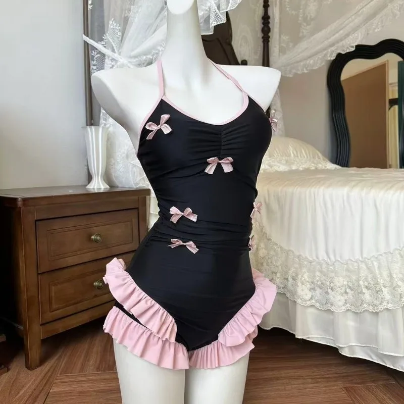 Summer Sweet Spiece One Piece Swimsuit Women Kawaii Bow Decor Ruffle Hem Matching Crop Cardigan Y2k Aesthetic Slim Bathing Suit