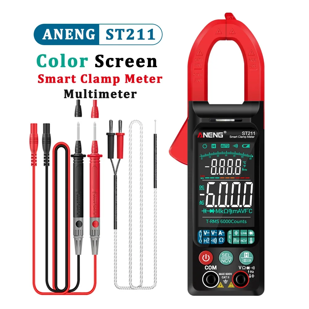 ANENG ST211 Current Clamp Meter Ammeter 6000 Counts Big Color Screen Test  AC DC Voltage Car Amp Hz NCV Ohm Tester Multímetros