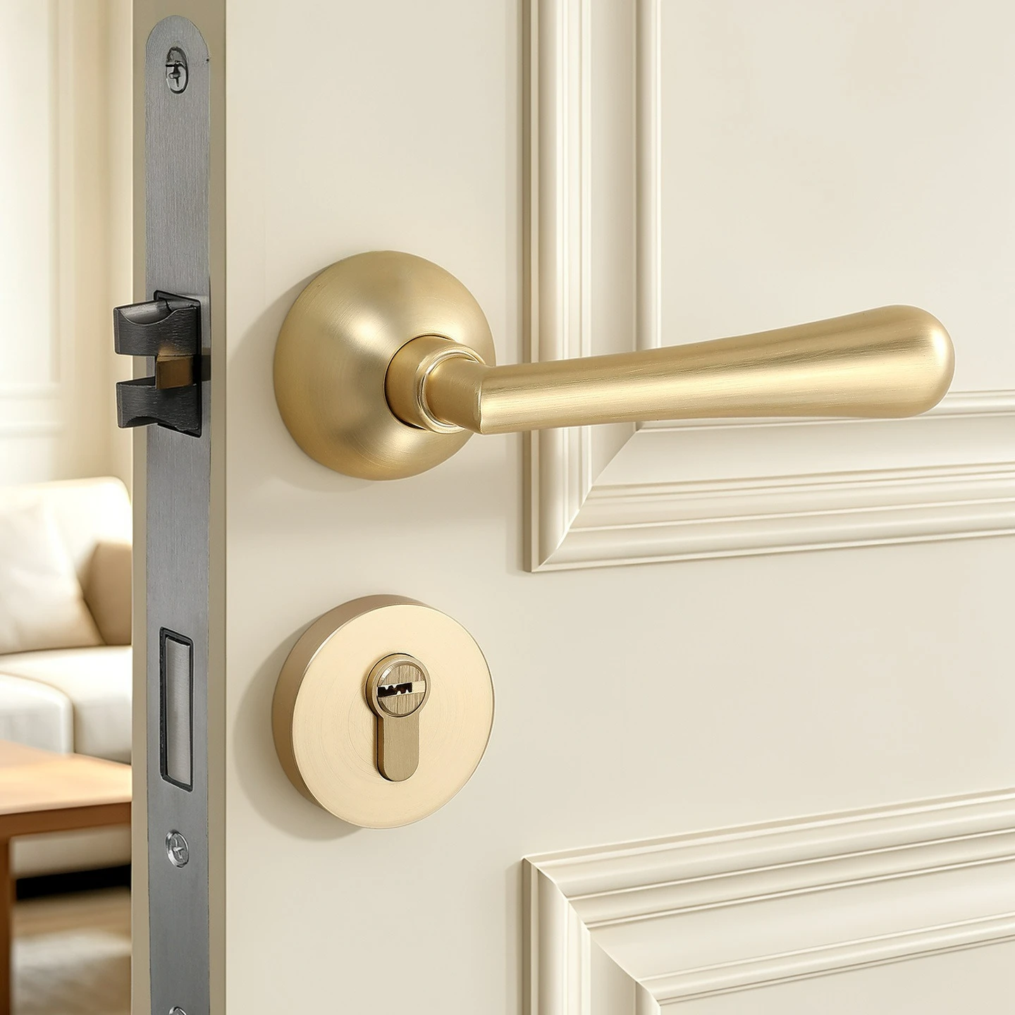French Style Bedroom Split Door Lock, Minimalist Style, Universal Copper Brushed Kitchen, Silent/magnetic Handle Lock